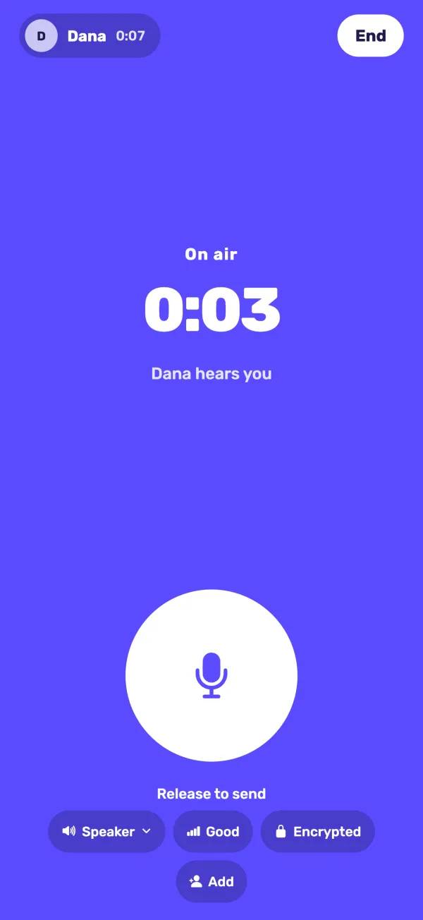 Kol on air: the screen is signal blue with a 0:03 timer and the words 'Dana hears you'.